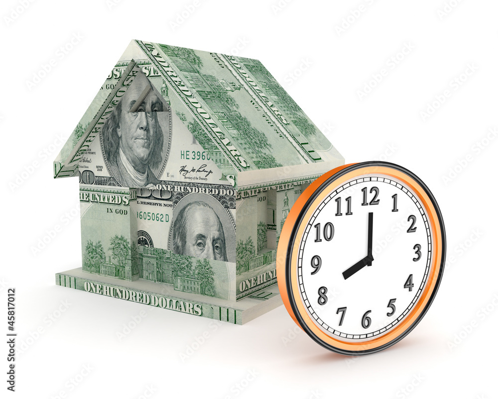 3d small house made of dollars and big watch. 3d small house made of dollars and big watch.