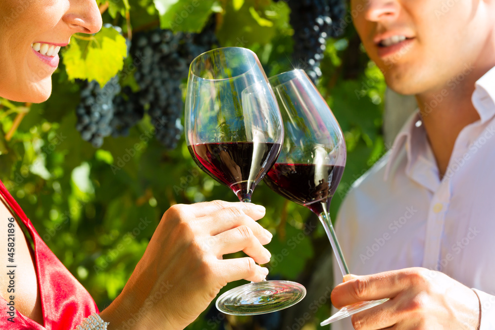 Frau und Mann am Weinberg trinken Wein Frau und Mann am Weinberg trinken Wein