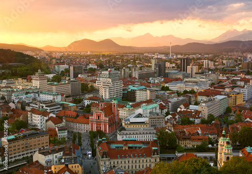Sunset scene of Ljubljana skyline in Slovenia