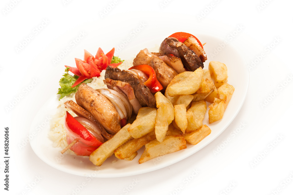 Skewers with rice and french fries Skewers with rice and french fries