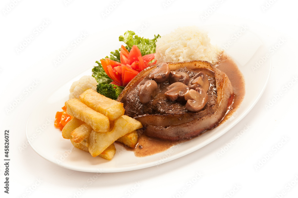Filet Mignon with rice and french fries