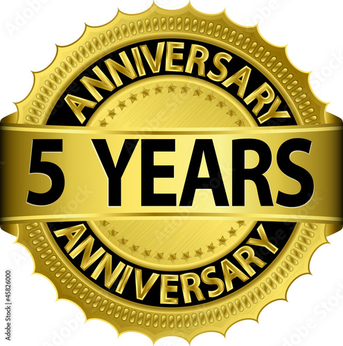 5 years anniversary golden label with ribbon