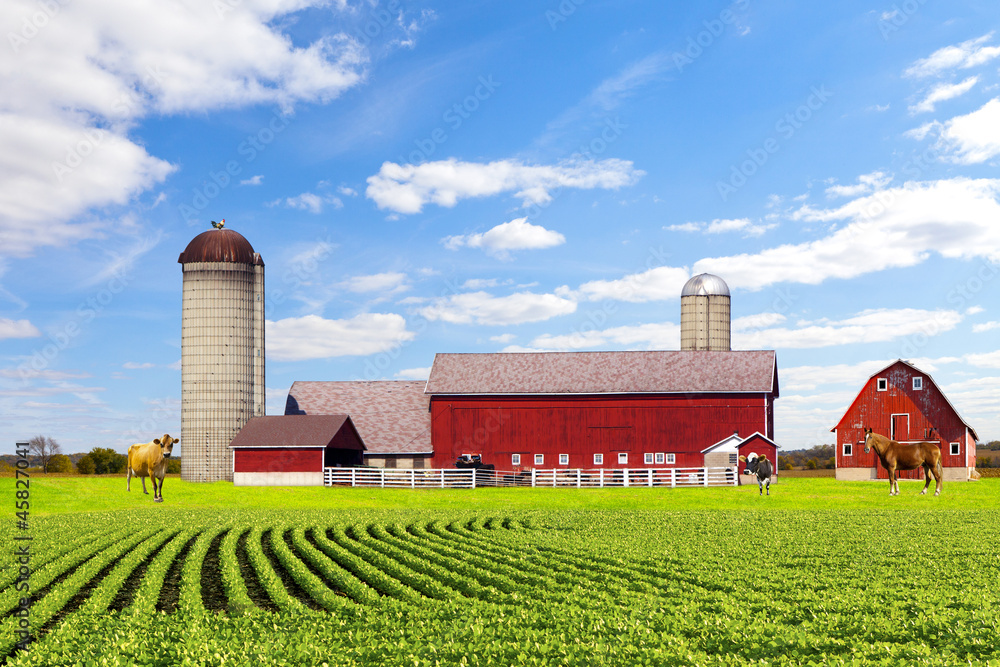 American Countryside Red Farm With Blue Sky
