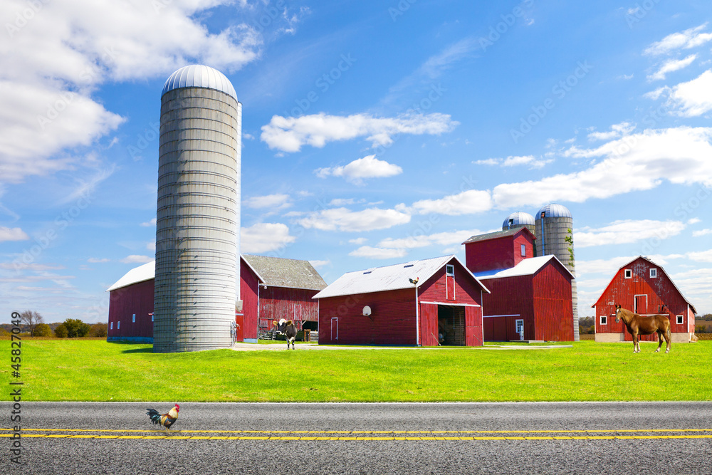 American Countryside Red Farm With Blue Sky American Countryside Red Farm With Blue Sky