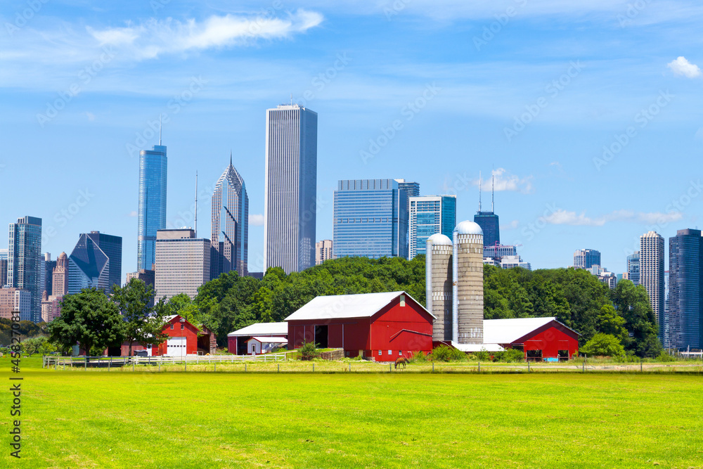 American Red Farm With Chicago Skyline in Background