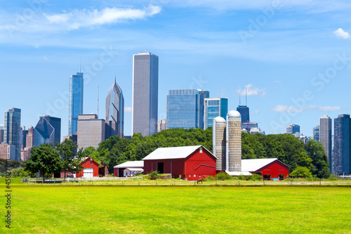 American Red Farm With Chicago Skyline in Background