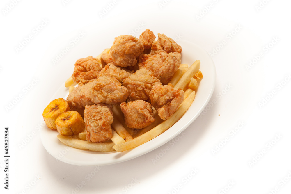 Fried chicken with french fries and banana fries