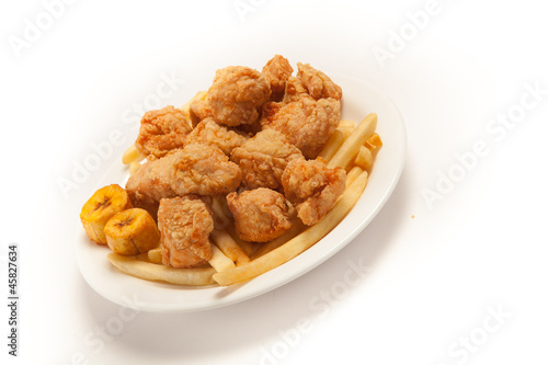 Fried chicken with french fries and banana fries