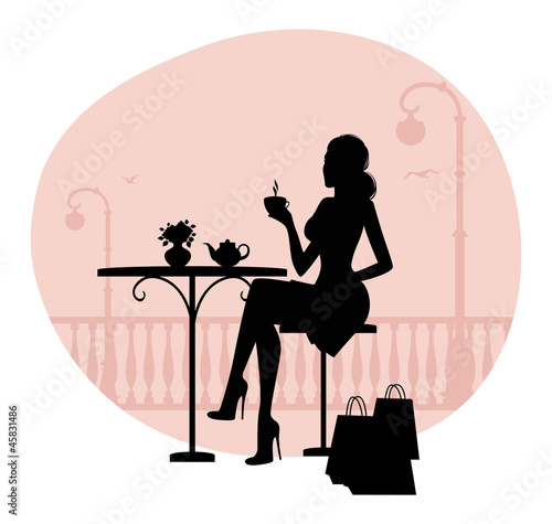 Silhouette of beautiful woman in cafe #45831486