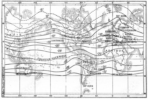 Map of isothermal lines, vintage engraving. photo