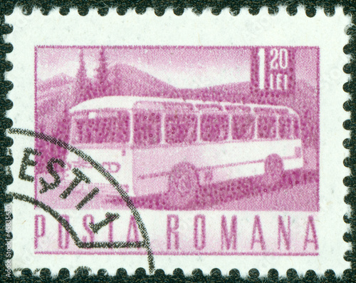 stamp printed in the Romania, depicts the postal bus photo