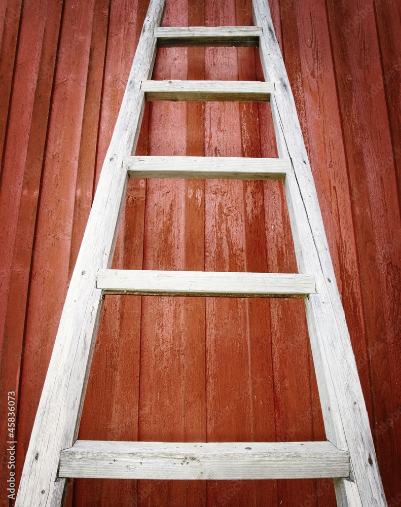 Rustic wooden ladder on red background Rustic wooden ladder on red background