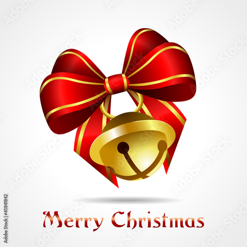 golden jingle bell with red ribbon