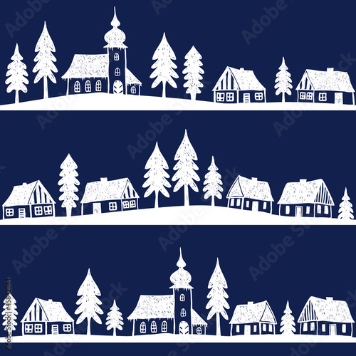 Christmas village with church seamless pattern