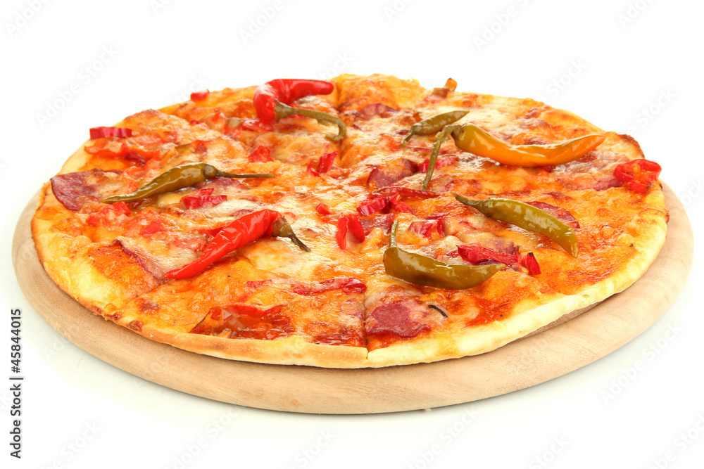 Tasty pepperoni pizza on wooden board isolated on white