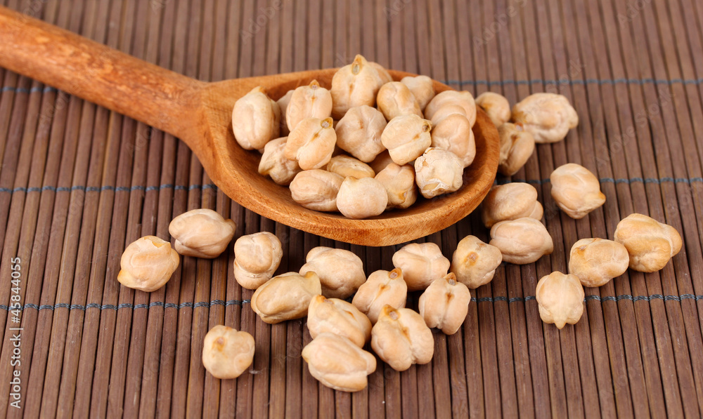 White chickpeas over wooden spoon on color background White chickpeas over wooden spoon on color background