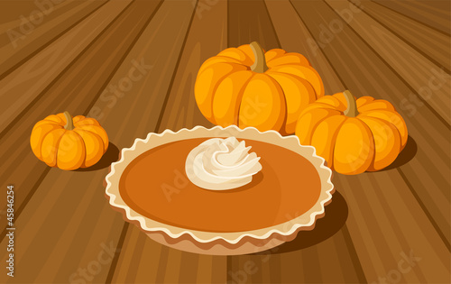 Vector pumpkin pie and orange pumpkins.