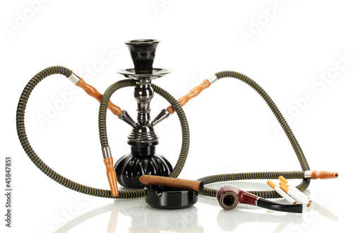 Smoking tools - a hookah, cigar, cigarette and pipe isolated