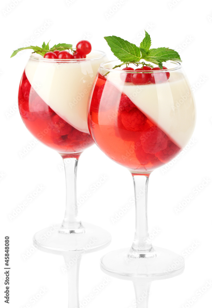 fruit jelly with chocolate and raspberries in glasses isolated fruit jelly with chocolate and raspberries in glasses isolated