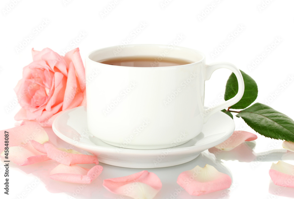 cup of tea with rose isolated on white cup of tea with rose isolated on white