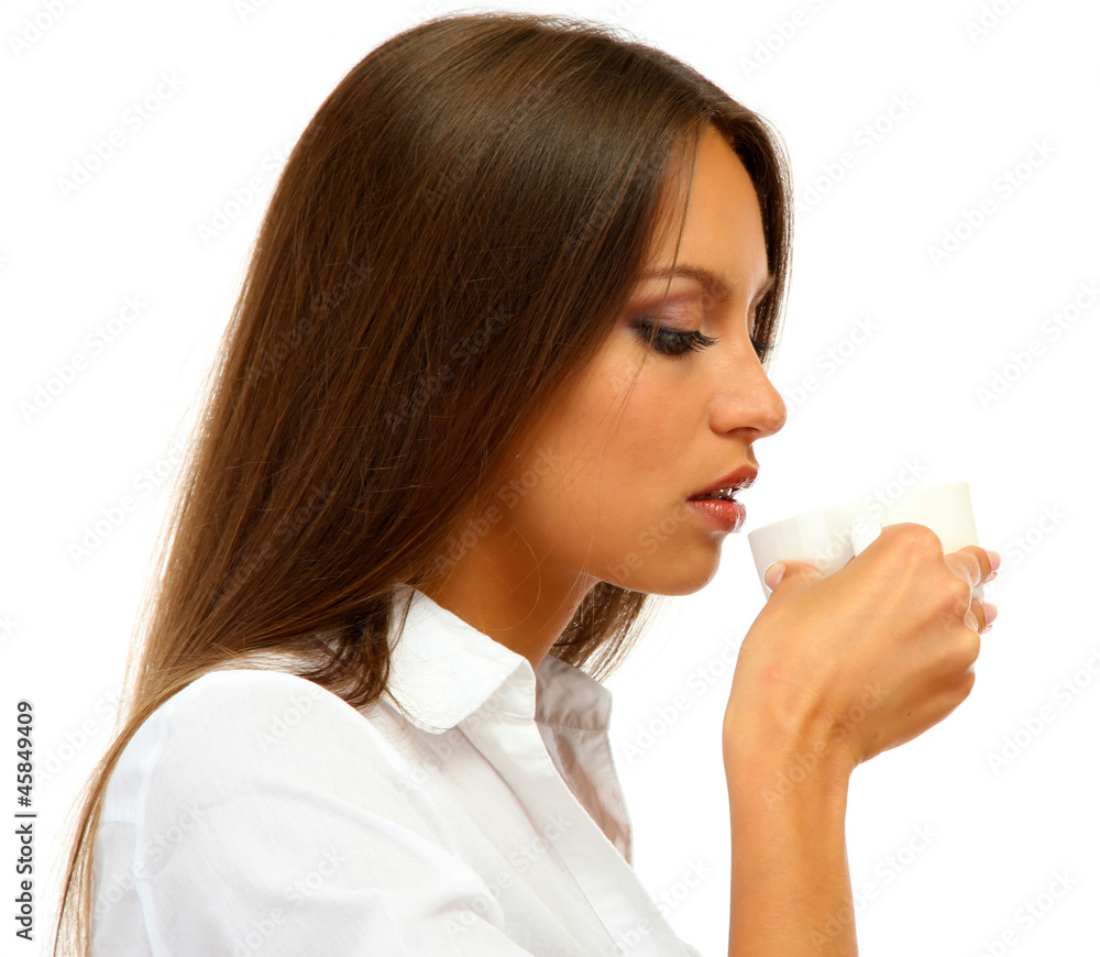 beautiful young woman with cup of coffee, isolated on white beautiful young woman with cup of coffee, isolated on white