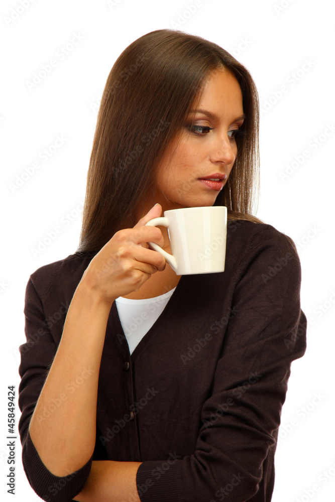 beautiful young woman with cup of coffee, isolated on white beautiful young woman with cup of coffee, isolated on white