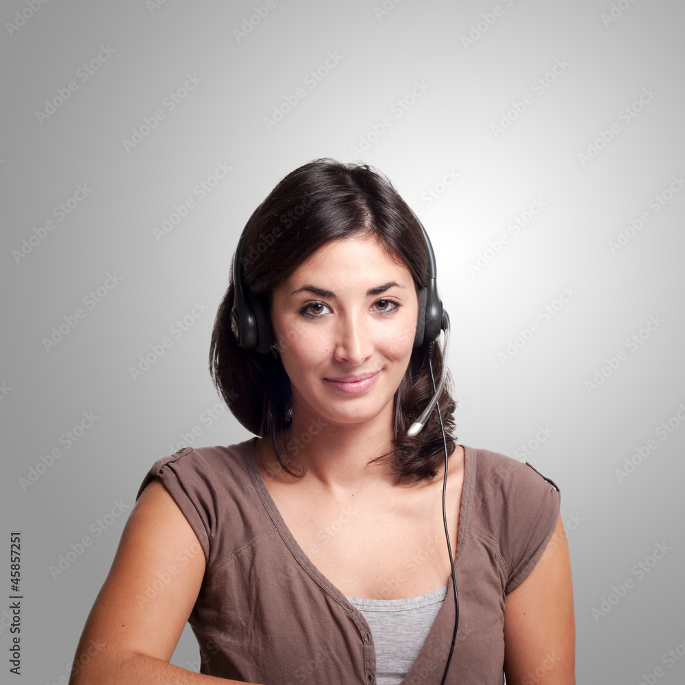 Portrait of happy smiling cheerful support phone operator Portrait of happy smiling cheerful support phone operator