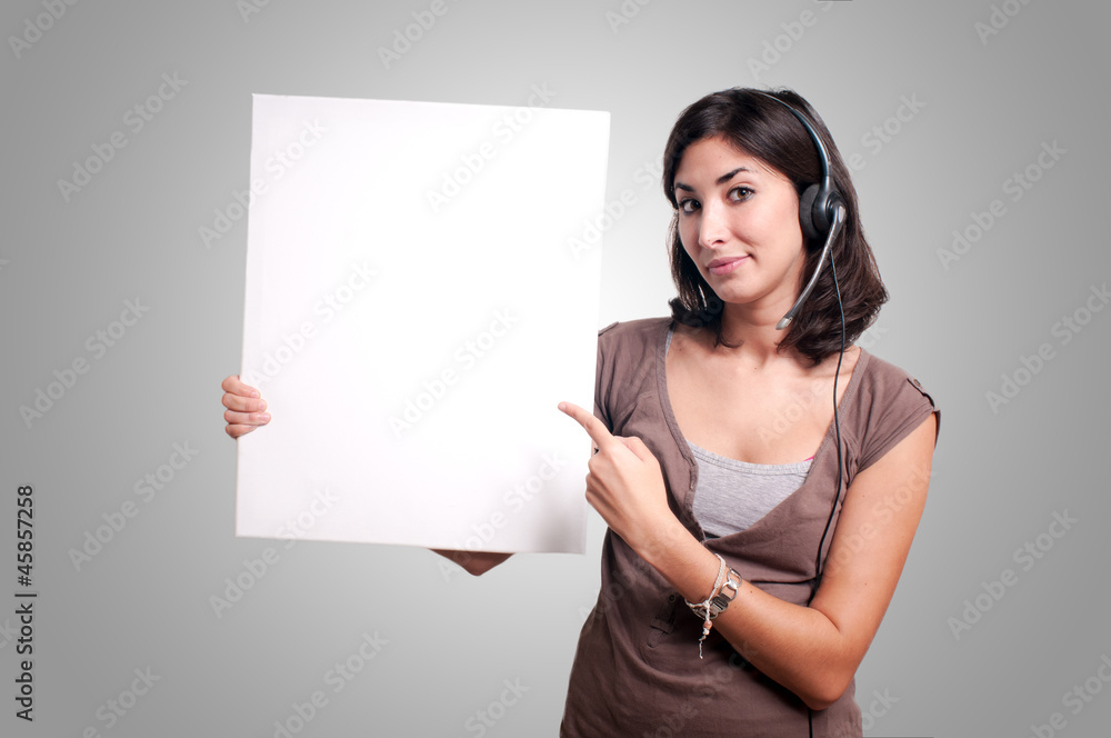 Portrait of smiling support phone operator holding board Portrait of smiling support phone operator holding board