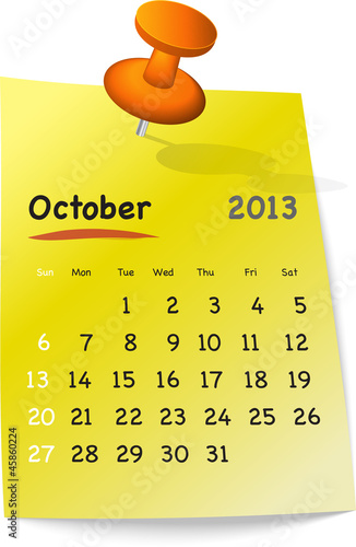 Calendar for october 2013 on yellow sticky note