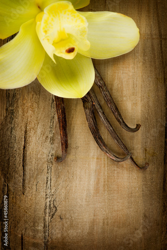 Fototapeta Naklejka Na Ścianę i Meble -  Vanilla Pods and Flower over Wooden Background
