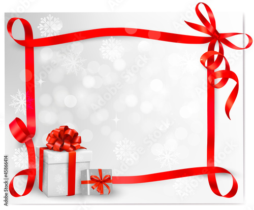 Holiday background with red gift bow with gift box