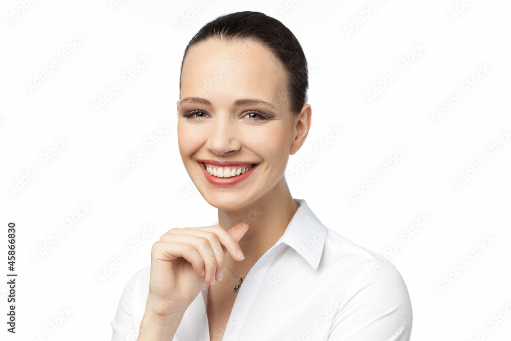 Smiling young business woman with hand below chin Smiling young business woman with hand below chin