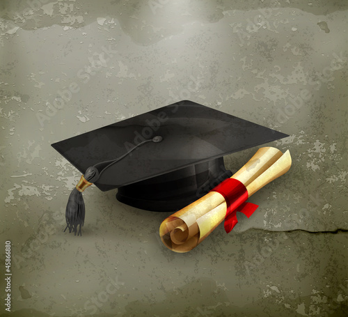 Graduation cap and diploma, old-style