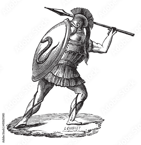 The Greek soldier with his armor vintage engraving