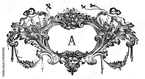Schilderij op canvas An ornament with two cherubs vintage engraving