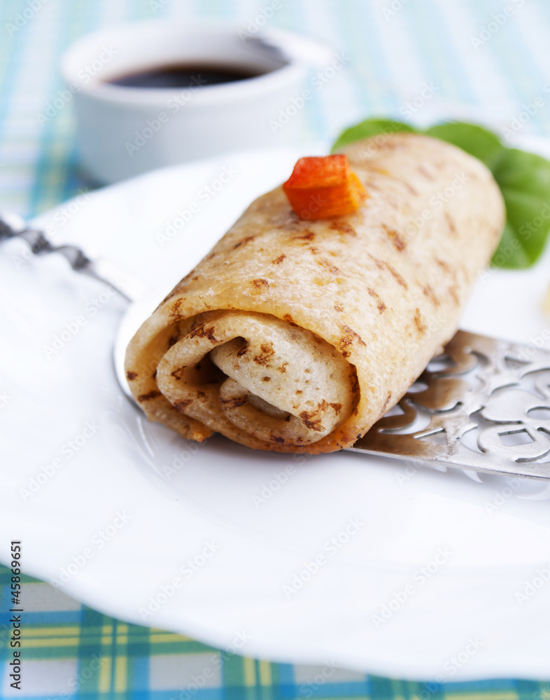 Appetizing baked pancakes with meat