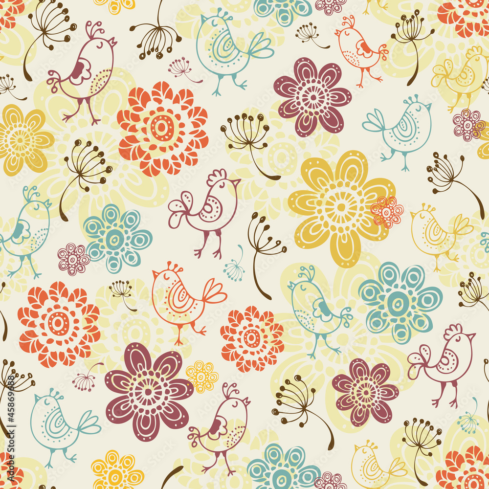 Vintage birds and flowers in retro style. Seamless vector patter