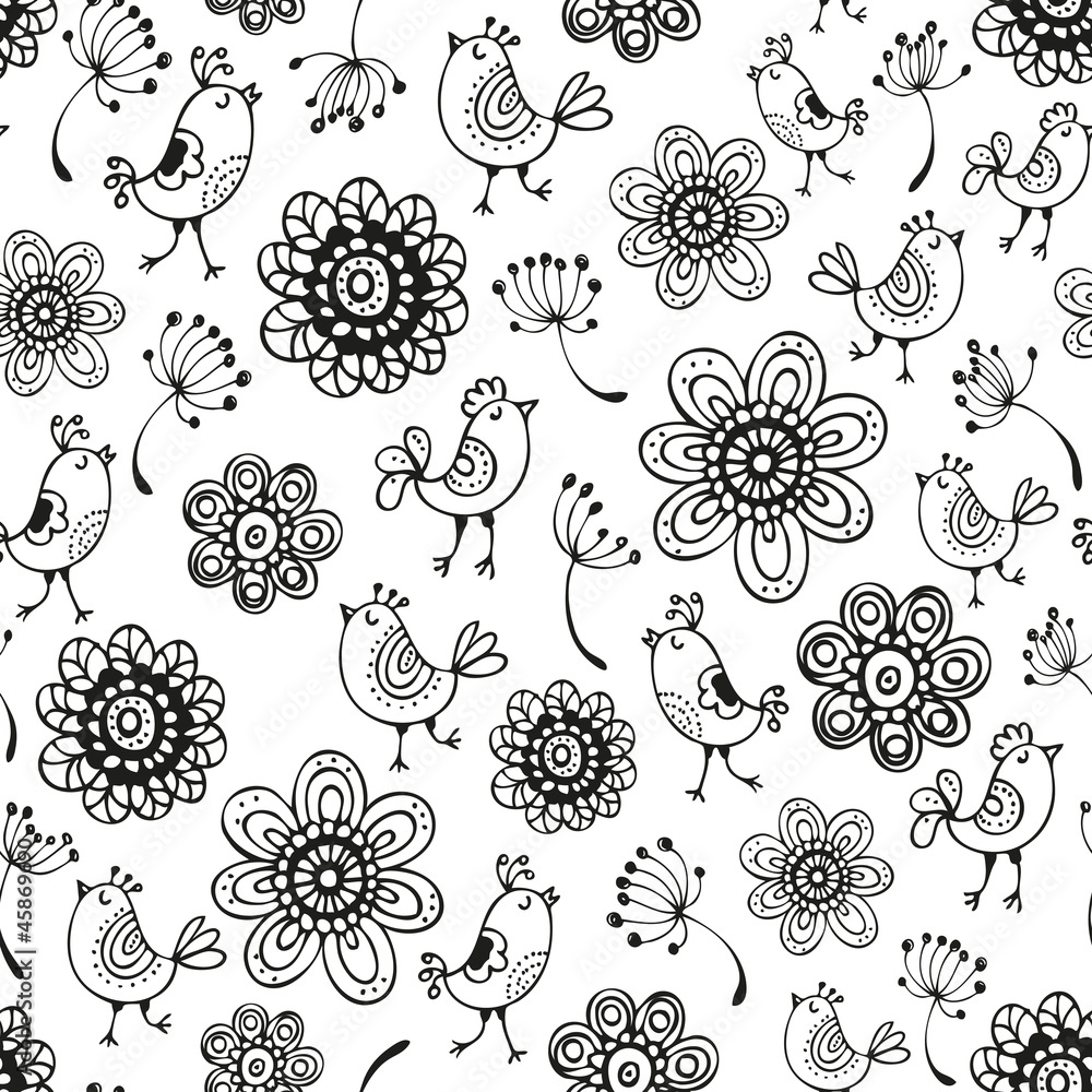 Floral pattern with flowers and little birds Floral pattern with flowers and little birds
