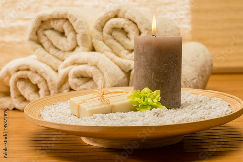 Spa decor wooden tray with candle soap