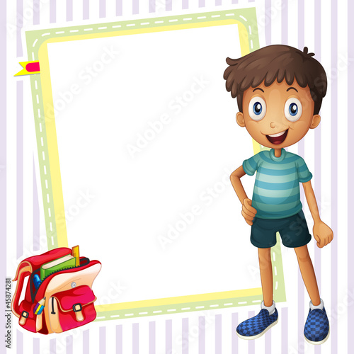 boy, school bag and white board