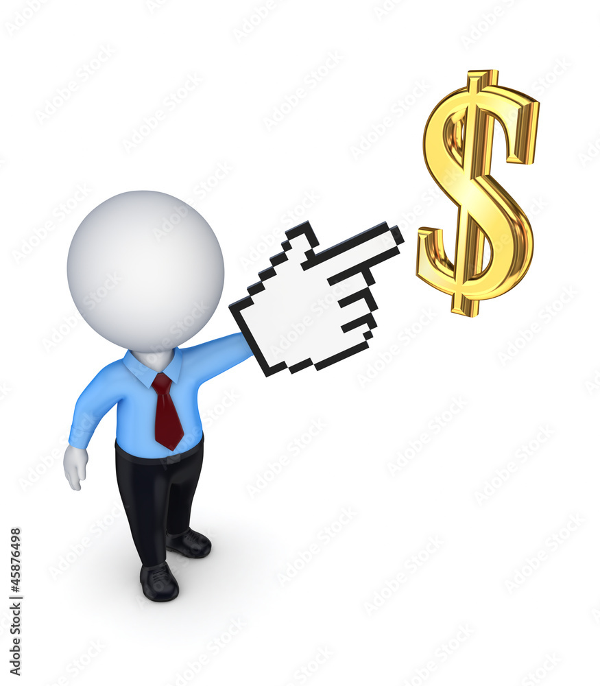 3d small person pointing to dollar symbol. 3d small person pointing to dollar symbol.