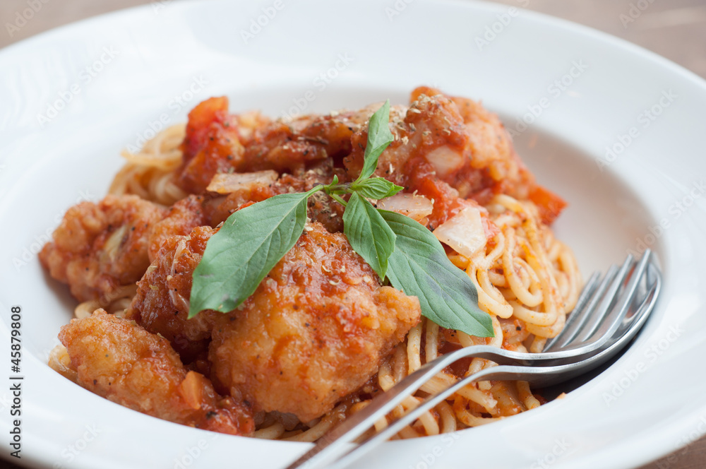 spaghetti with spicy fried fish on sauce spaghetti with spicy fried fish on sauce
