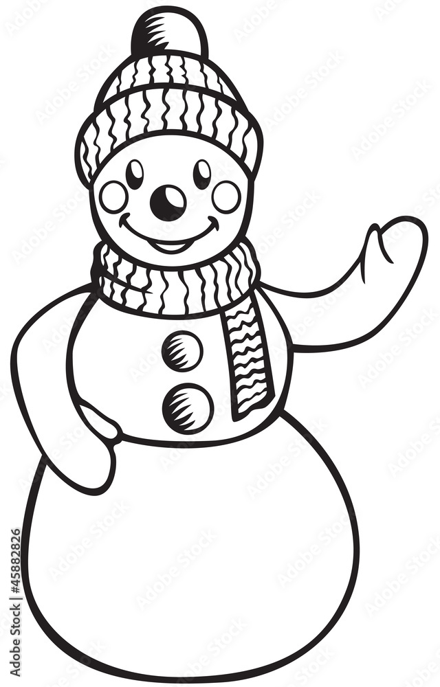 Contour image of a smiling snowman in hat and scarf Contour image of a smiling snowman in hat and scarf