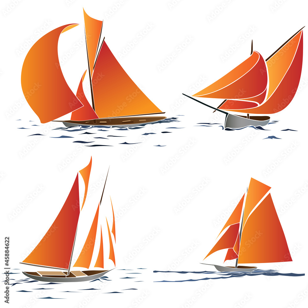 Fototapeta premium Simple vector group of boat with orange sails.