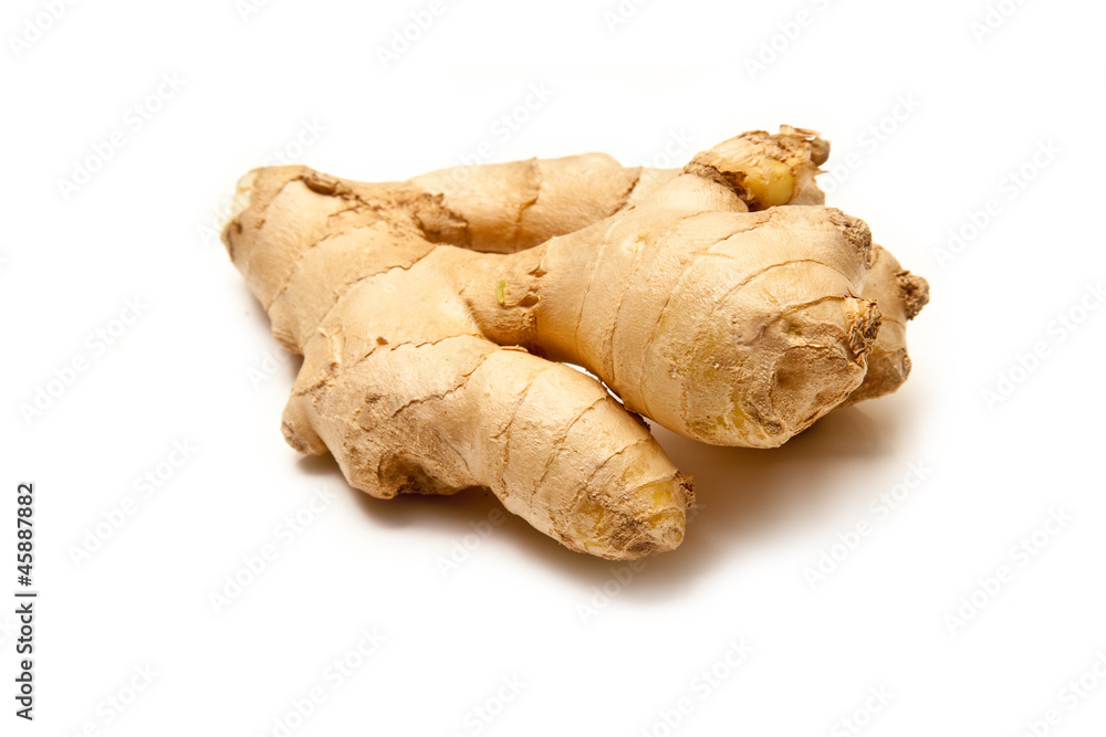 Root ginger isolated on a white studio background.