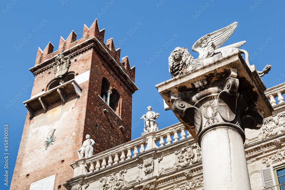 Piazza delle Erbe and Lion of Saint Mark in Verona, Veneto, Ital