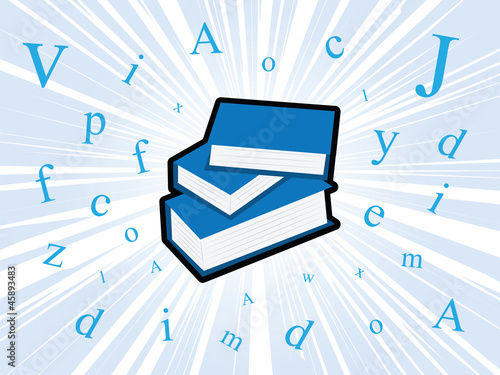 Books bursting with letters through the air