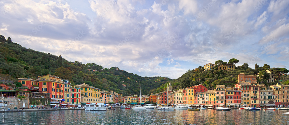 Portofino luxury village landmark, panorama view. Liguria, Italy