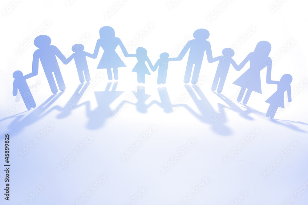 Blue tone paper chain family united holding hand together as team Blue tone paper chain family united holding hand together as team