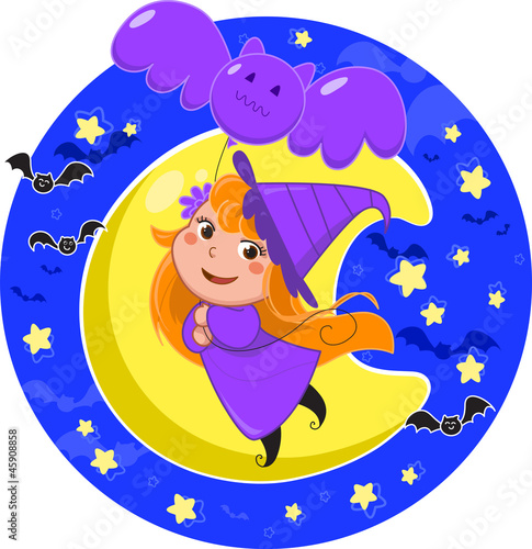 Halloween witch flying in the moonlight using a bat balloon.